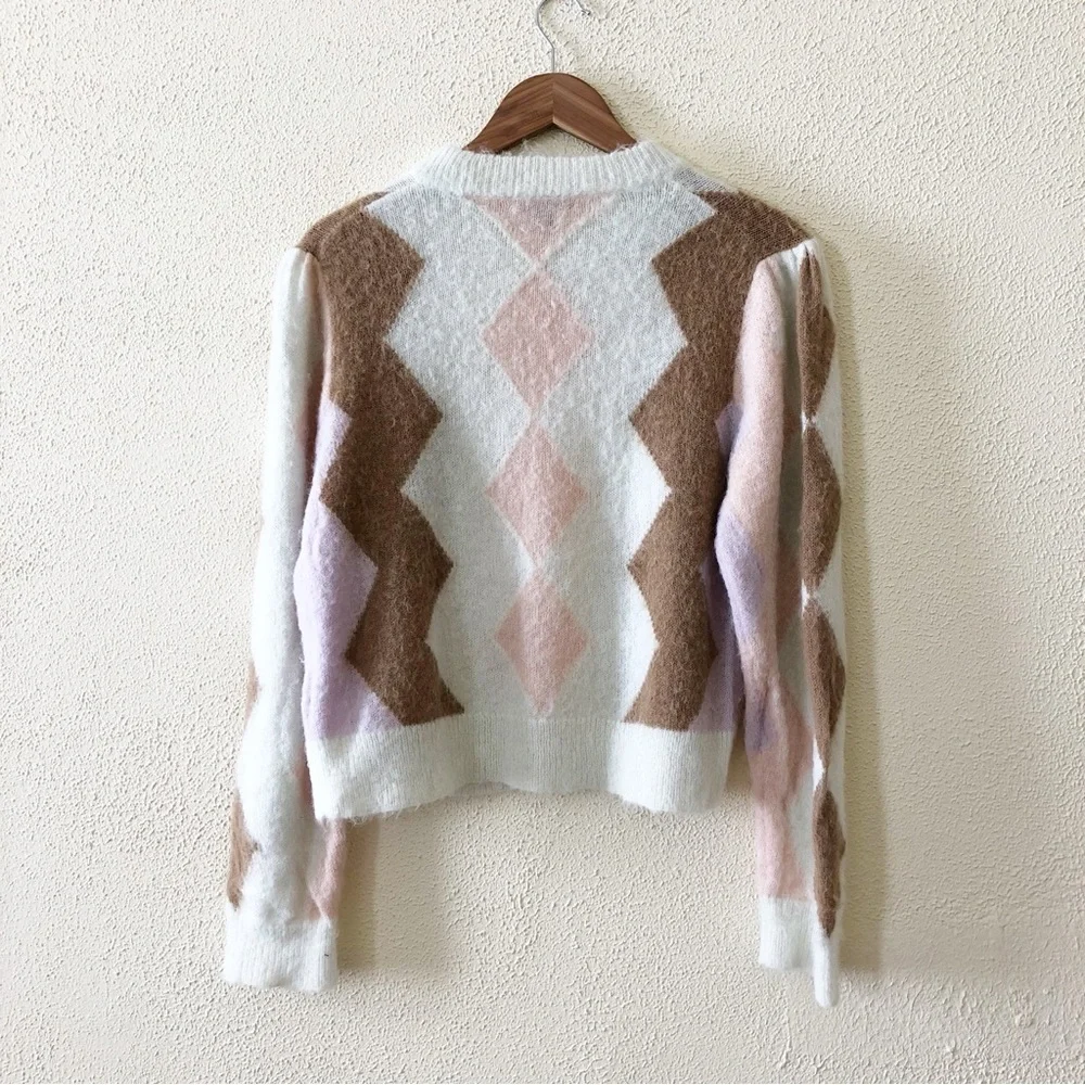 J. Crew Diamond-Checked Argyle Cropped Alpaca Blend Crewneck Sweater M